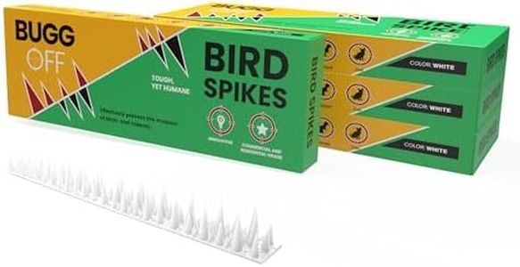 BUGGOFF - White Bird & Rodent Spikes, Unique Spike Pattern effecitviely deteres Pesky Pigeons, Squirrels, Raccoons. Installs on Fences, Gates, Roofs, Walls and More! (62 Feet, White Plastic)