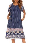 Ekouaer Womens Nightgown Short Sleeve House Dress with Pockets-Floral Print Mumu Dress, Navy Blue, Large