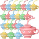 Zhehao Tea Cups with Straws and Lids, 9 oz Plastic Tea Cups Reusable Creative Party Tea Cups Bulk for Kids Birthday Baby Shower Princess Tea Party Supplies (24 Pieces)