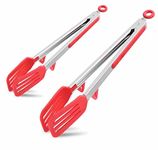 DDSHUN Kitchen Tongs Set Silicone Cooking Tongs Non-Stick Basic Food Tong Stainless Steel Bread Tong with Resting Gadget Suitable for Steak, Baking, Frying, Serving, BBQ, Salad - 9inch + 12inch (Red)