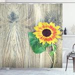 Ambesonne Sunflower Decor Shower Curtain Set, Sunflower on Wooden Old Board Bouqet Floral Gifts of Mother Earth Artsy Photo, Bathroom Accessories, 84 Inches Extralong, Brown Green Yellow