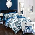 Chic Home Blue Reversible Bed in a Bag Comforter Set, King Size (8 Piece), Barcelona - Medallion Boho Pattern Microfiber Bedding - Fitted & Flat Sheet, Shams, Pillowcases & Decorative Pillow