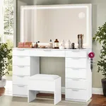 DWVO Vanity with LED Mirror & Charging Station, Cosmetic Vanity Station with 11 Drawers, Storage Bench, 46'' Dressing Table for Bedroom