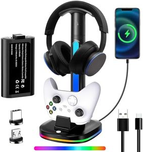 RGB Headphone Stand with Charger, Xbox Controller Charging Station Headset Stand Suitable for Xbox Series X/S/One/One X/One S Charging, Equipped with 1 * 5180mWh Rechargeable Xbox Battery Pack.