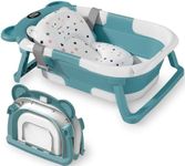Baby Bathtub for Newborns, Portable Infant Bathtub w/ Soft Bath Cushion Support for 0-24 Months Baby, with Temperature Display Foldable Bathing Tub, Collapsible Toddler Bath Tub for Indoor Travel (Green)