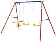 Outsunny Metal Swing Set with 2 Seats Glider A-Frame Stand Adjustable Hanging Rope for Backyard Playground Outdoor Playset