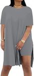 AXOSY Women Plus Size 2 Piece Outfits Short Sleeve Tunic Tops and Skinny Biker Shorts Sets Tracksuits Grey,X-Large