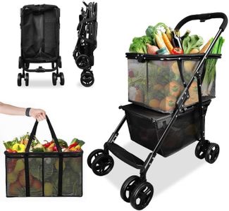 PANTREE Folding Shopping Cart 25kg, Portable Collapsible Grocery Cart, Two Tier Collapsible Shopping Trolley with Removable Basket and 360° Swivel Wheels, One-Hand Fold (Black)