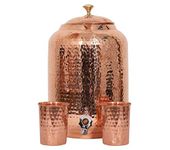 Handicraft-World Indian Handmade Hand Hammered Pure Copper Water Dispenser Pot 4 Liter Ayurveda Healing Water Storage Tank Copper Bottle Mug Pitcher With 2 Hammered Glasses (8 Liter)