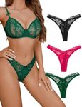 Avidlove 3 Packs Thongs for Women Floral Lace Panties V-Shape G-string Thongs with Bow Decor