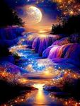 Moonlight Waterfall Stamped Cross Stitch Kits - Nature Landscape Starry Scenery Needlepoint Counted Cross Stitch Kits for Beginners Adults Patterns Dimensions Embroidery Kits Arts and Crafts