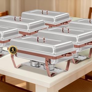 IMACONE Chafing Dish Buffet Sets of 6, 8QT Stainless Steel Rectangular Chafers and Buffet Warmer Sets for Catering, with Food & Water Pan, Lid, Rose Gold Foldable Frame, Fuel Holder for Event Party