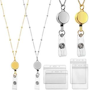 2 Pieces Retractable Badge Reel Lanyard with ID Holders Stainless Steel Necklace Lanyard Badge Clip Chain Water Resistant Holders for Girl Women (Gold, Silver)