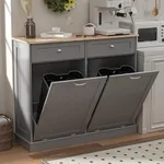 Spurgehom Double Tilt Out Trash Cabinet Kitchen Island,Laundry Hamper Pull Out Trash Can Cabinet 2X13 Gallon Freestanding Pet Proof Trash Can Garbage Can Holder for Living Room Dining Room,Grey