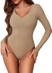 Avidlove Body Suits V Neck Bodysuit for Women Snap Crotch Slimming Bodysuit Long Sleeve Bodysuits Sexy Tops (Khaki,XL)