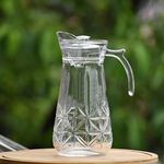 Domingo Hub® Lineing Glass Water jug 1100 ML, 1 Pcs Line Glass Water jug & Glass Mason Jar, Jug for Water with Plastic Cap, for Juice Water iced Tea Pitcher (FLO. JUG)