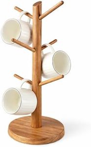 E-ROOM TREND Large Acacia Wood Mug Holder Tree for Countertop, 6-Hook Coffee Mug Rack for Large & Tall Mugs, Wooden Coffee Cup Stand for Kitchen Counter & Coffee Bar, Natural Wood, Easy Assembly
