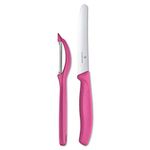 Victorinox Swiss Made Stainless Steel Swiss Classic Kitchen Knife Set (2 Pcs) Wavy Edge 11 cm and Universal Peeler, Pink, Kitchen Tools and Items | CB.7.6075.36L115