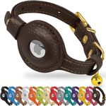 OOPSDOGGY Cat Collar with Bell for AirTag - Non Breakaway Leather Kitten Collar with Apple Air Tag Holder - Lightweight Integrated GPS Pet Collars for Girl Boy Cats, Small Dogs, Puppies (Dark Brown)