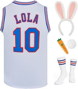 Youth Basketball Jersey for Boys Bugs #1 / Lola #10 Hip Hop Sports Space Movie Jersey White S-XL, #10 White, Medium