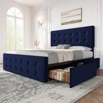 GarveeHome Queen Size Bed Frame with 4 Storage Drawers and Headboard, Velvet Upholstered Platform Bed Frame with Wooden Slats Support, Button Tufted Design, No Box Spring Needed, Blue