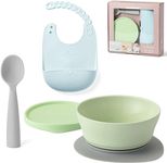 Miniware First Bites Deluxe Set: Cereal Bowl, Detachable Suction Foot, Training Spoon, Silicone Bib for Baby Toddler | Promotes Self Feeding | Eco-Friendly, BPA Free | Dishwasher Safe (Hipster Bites)