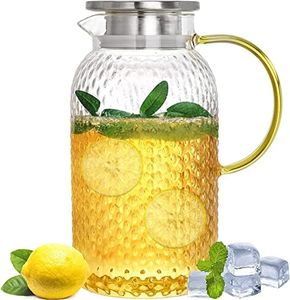 PENGQIMM 67 Oz Glass Pitcher with Lid,Water Pitcher with Handle,Easy Clean Heat Resistant Iced Tea Pitcher,Stainless Steel Strainer Lid Water Carafe for Homemade Juice & Iced Tea Hot or Cold Water Jar