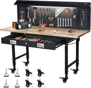 Workbench 60" x 22" Adjustable Height Worktable, Heavy Duty Rubber Wood Top, 2000 LBS Load Capacity, Tool Storage Workstation with Drawer, Pegboard, Power Outlets & Lockable Wheels