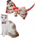 Necoichi Chirimen Kimono Bow Tie Cat Collar (Red) with Bell Safety Breakaway Soft Lightweight for Cats Kitty Kitten Japanese Stylish Pattern, No.1 Seller in Japan
