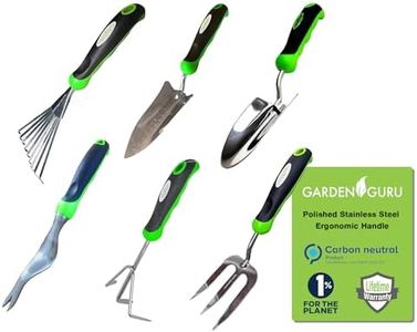 Garden Guru Garden Tool Set 6pc Hand Trowel Transplanter Weeder Fork Rake Cultivator – Heavy Duty Stainless Steel - Ergonomic Comfort Grip Handle – Perfect Gardening Tool Kit Gifts for Women and Men