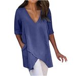 Womens 3/4 Sleeve Tunic Tops V Neck Loose Fit Asymmetrical Shirts Linen Oversized Blouses Fashion 2024 Top Navy