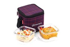 SOPL-OLIVEWARE Feast Glassware Square Lunchbox, Borosilicate Glass Containers, Microwave Safe & Leak Proof, 2 Containers with BPA Free Lids (320ml) Each - Voilet