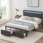 Queen Bed Frame with 2 Storage Drawers, Button Tufted Headboard and LED Lights, Upholstered Platform Bed with Storage, Heavy Duty Metal Slats, No Box Spring Needed, Noise Free, Easy Assembly