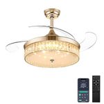 Ohniyou Retractable Ceiling Fan with Lights, 42 Inch Crystal Chandelier Ceiling Fans Remote & APP Control, Dimmable Quiet DC Fandelier Ceiling Fan for Bedroom Living Room Indoor (Gold)