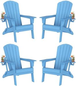 Plawdlik Folding Adirondack Chair Set of 4 with Cup Holder, SGS Tested, HDPE Heavy All-Weather,Wooden Textured,Backyard Fire Pit, Light Blue