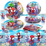 POPOYU 69Pcs Spider Man Paper Party Tableware Set,Spidey and His Amazing Friends Superman Paper Plates Paper Cups Napkins Serviettes Spider Themed Table Cloth for Kids Boys Birthday Party Table Decor