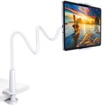 Gooseneck Tablet Holder Stand for Bed: TRYONE Adjustable Flexible Arm Tablets Mount Clamp on Table Compatible with iPad Air Mini | Galaxy Tabs | Kindle Fire | Switch or Other 4.7-10.5" Devices(White)