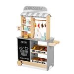 OOOK All-in-One Grocery Store Pretend Play with Chalkboards, Reversible Kids Grocery Store Playset with Oven, Scale, Rolling Wheels, Cash Register and More, for Kids Aged 3+.