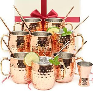 Kitchen Science [Gift Set] Moscow Mule Mugs, Stainless Steel Lined Copper Moscow Mule Cups Set of 8 (18oz) w/Straws, Jigger, Spoon & Brush | Tarnish-Resistant Stainless Steel Interior