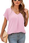 Yommay Blouses for Womens V Neck Ladies Tops Summer Chiffon Blouses Tops Short Sleeve Casual T Shirts,Light Pink,M
