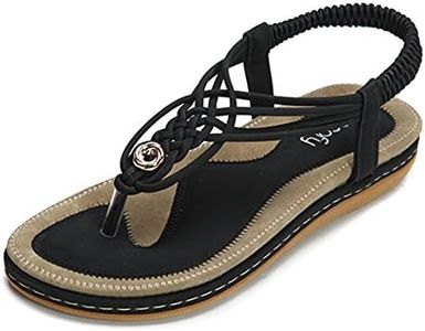 gracosy Summer Sandals for Women, Flat Sandals Flip Flops Thongs Clip Toe Slip On Elastic T-Strap Bohemia Beach Slippers Black 7.5 M US