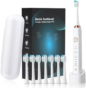 Premium Quality Electric Sonic Toothbrush for Adults – Featuring 5 Custom Modes, an Impressive 35-Day Battery Life, 8 Replacement Brush Heads (for 2 Years), Convenient Wireless Charging, and a Sleek Travel Case in White.