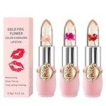 3 Packs Flower Jelly Lipstick Set Magic Temperature Color Change Lip Balm Long Lasting Moisturizer Lip Gloss Flower Jelly Lipstick Makeup Set (3PCS Set A)