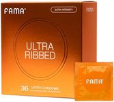 FAMA Ribbed Condoms for Men,Texture Natural Latex Condoms with Sillicone Lubricant, Ultra Sensitive Safe Sex Protection–2.12-Inch/54 mm Diameter (36 Count)