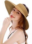 Womens Sun Hat Wide Brim Hats for Women Straw Sun Visors Roll Up Ponytail Beach Hats for Women, Light Coffee, One Size