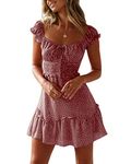 Yobecho Womens Summer Ruffle Sleeve Sweetheart Neckline Printing Dress Mini Dress Red