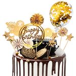 Cake Decorations 13Pcs Cake Toppers Kit Cupcake Topper with Golden Paper Fans Happy Birthday Acrylic Banner Sequins Balloon Fireworks Stars for Gold Theme Birthday Party Anniversary Cake Decor