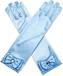 Costume Bay Kids Girls Satin Bow Pearl Gloves Elbow Length Princess Costume | Dress up Accessories Costume Mittens | Wedding Flower Girls Gloves Bridesmaid (Light Blue, ONE)