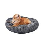 Calming Dog Bed, Donut Washable Pet Bed for Extra Large Dogs up to 100lbs, Anti Anxiety Long Plush Faux Fur Round Dog Bed with Non-Slip Bottom