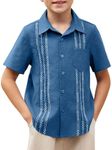 Arshiner Boys Embroidery Soft Cotton Linen Shirt Cuban Blue Button Down Shirt Size 6